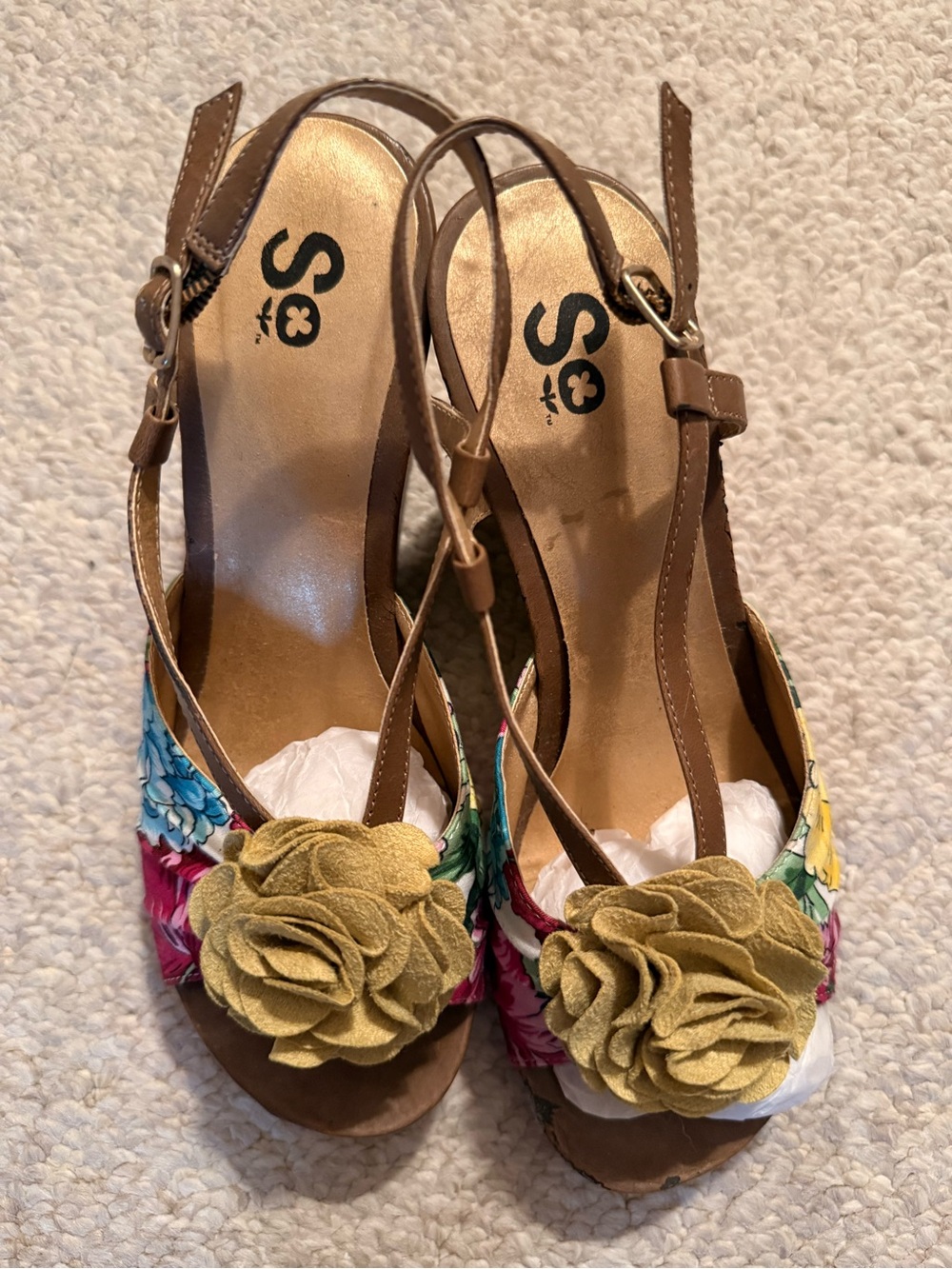 SO Brown Wedge Sandals with Yellow Rose Accent